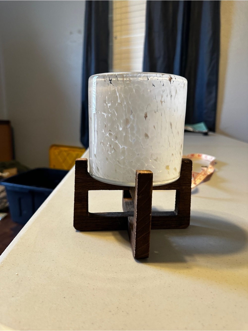White Speckled Glass Candle Holder with Wooden Stand